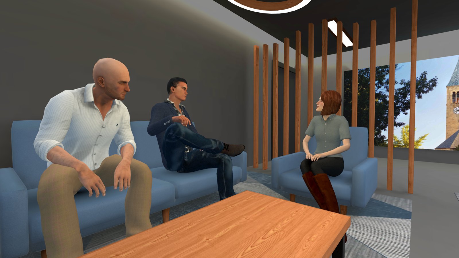 Animated scene from the Everyday Inclusion VR module, showing three avatars seated in conversation with a clock tower visible through the window