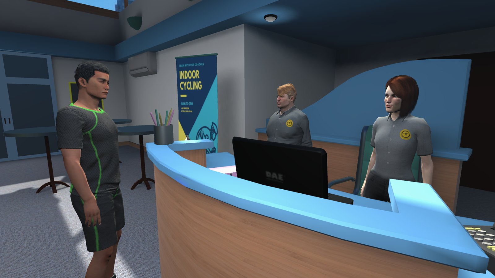 Animated scene from Finding Common Ground, showing avatars at a gym reception desk during the workplace scenario