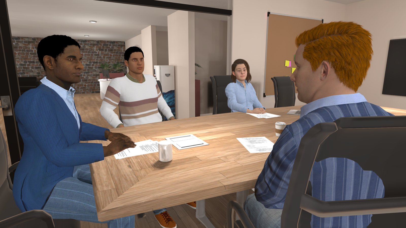 Animated scene from Mind Shift: Glass Ceilings, showing an avatar at a reception desk during the workplace scenario