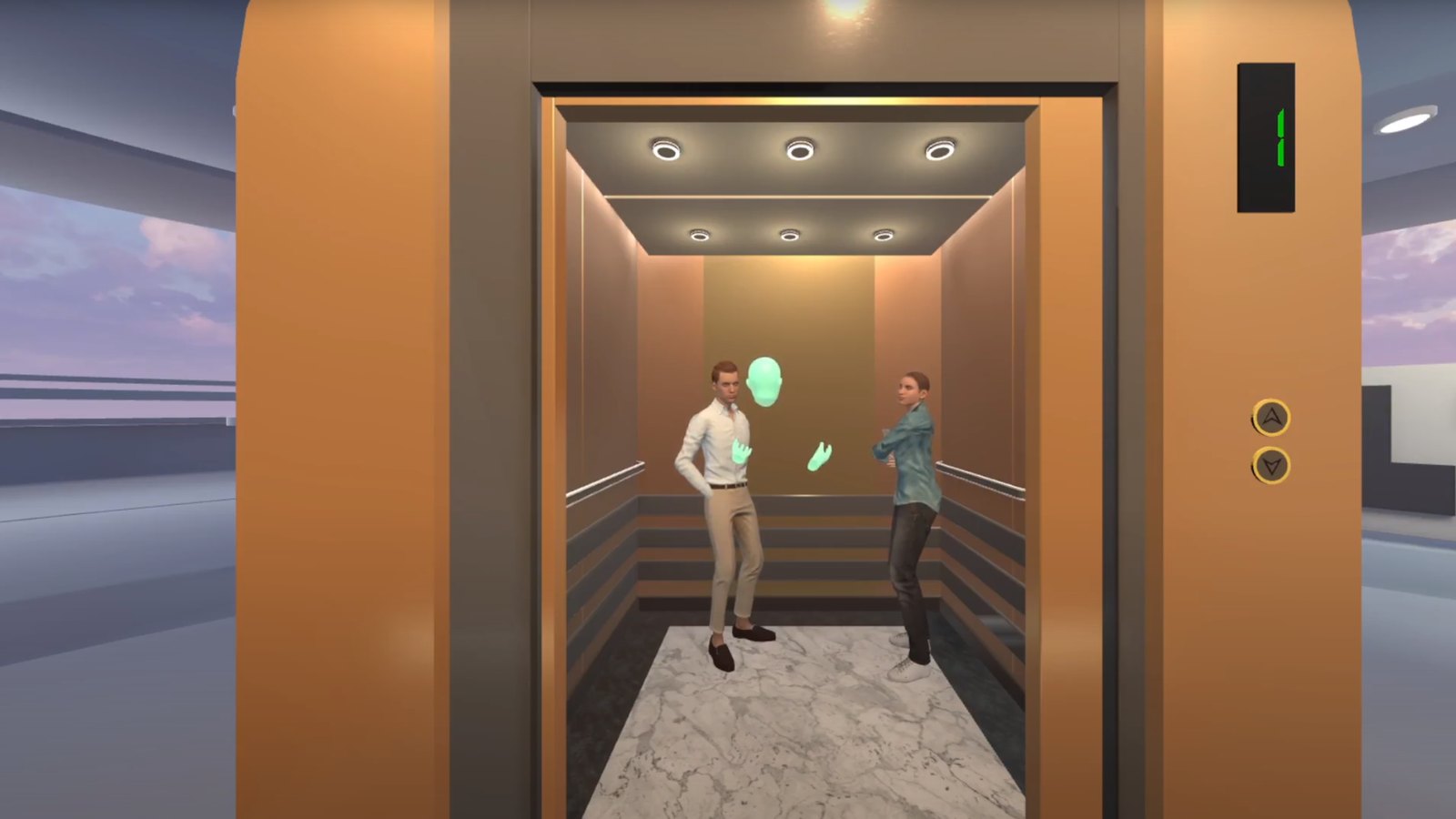 Animated scene from Lift VR, seen from the first-person player view inside the lift, standing near two other avatars