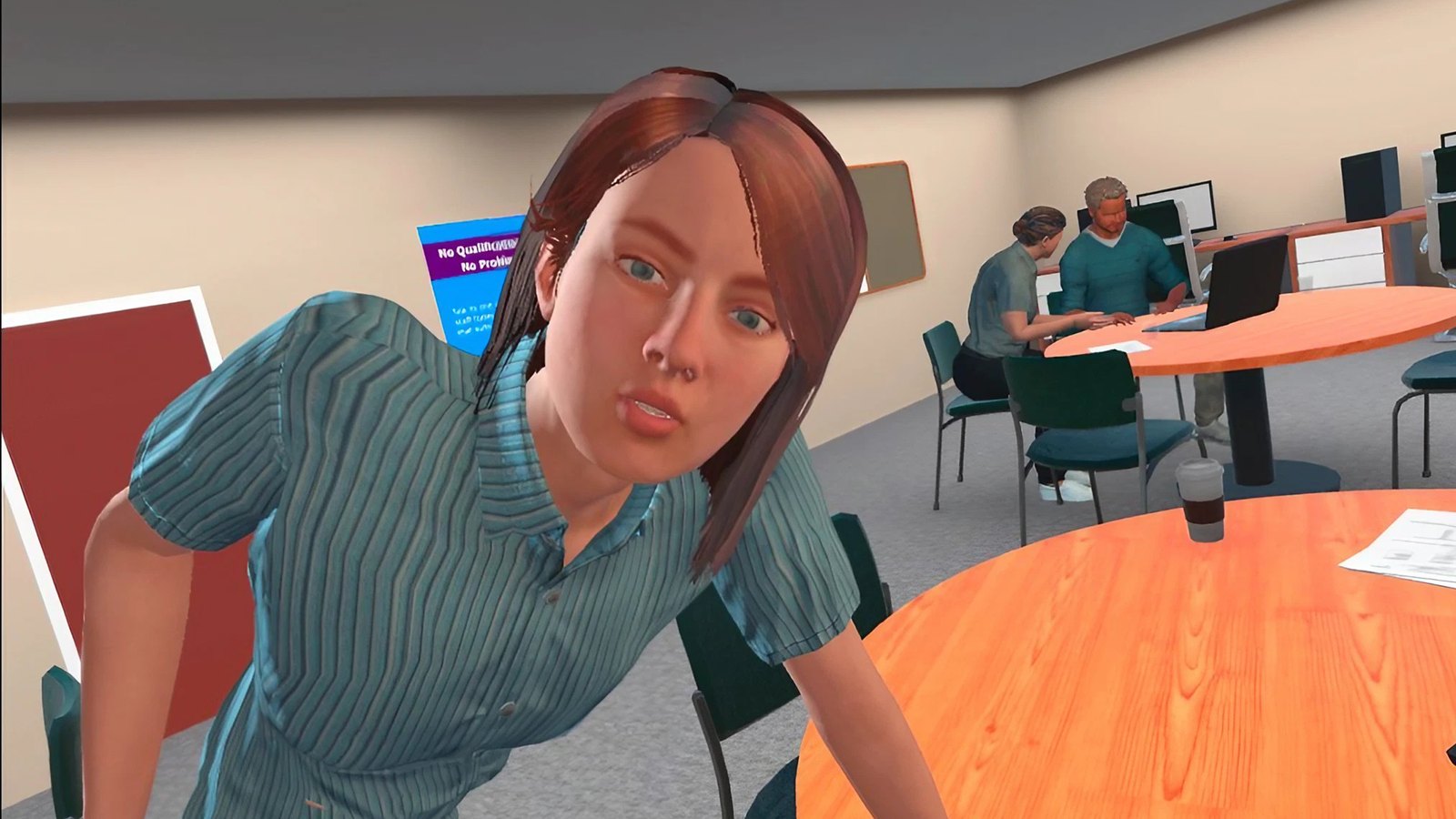 In-engine Quest capture of the Speak to Me Normally scenario: an animated avatar leans across a meeting table in an open-plan office, with other avatars working at desks in the background