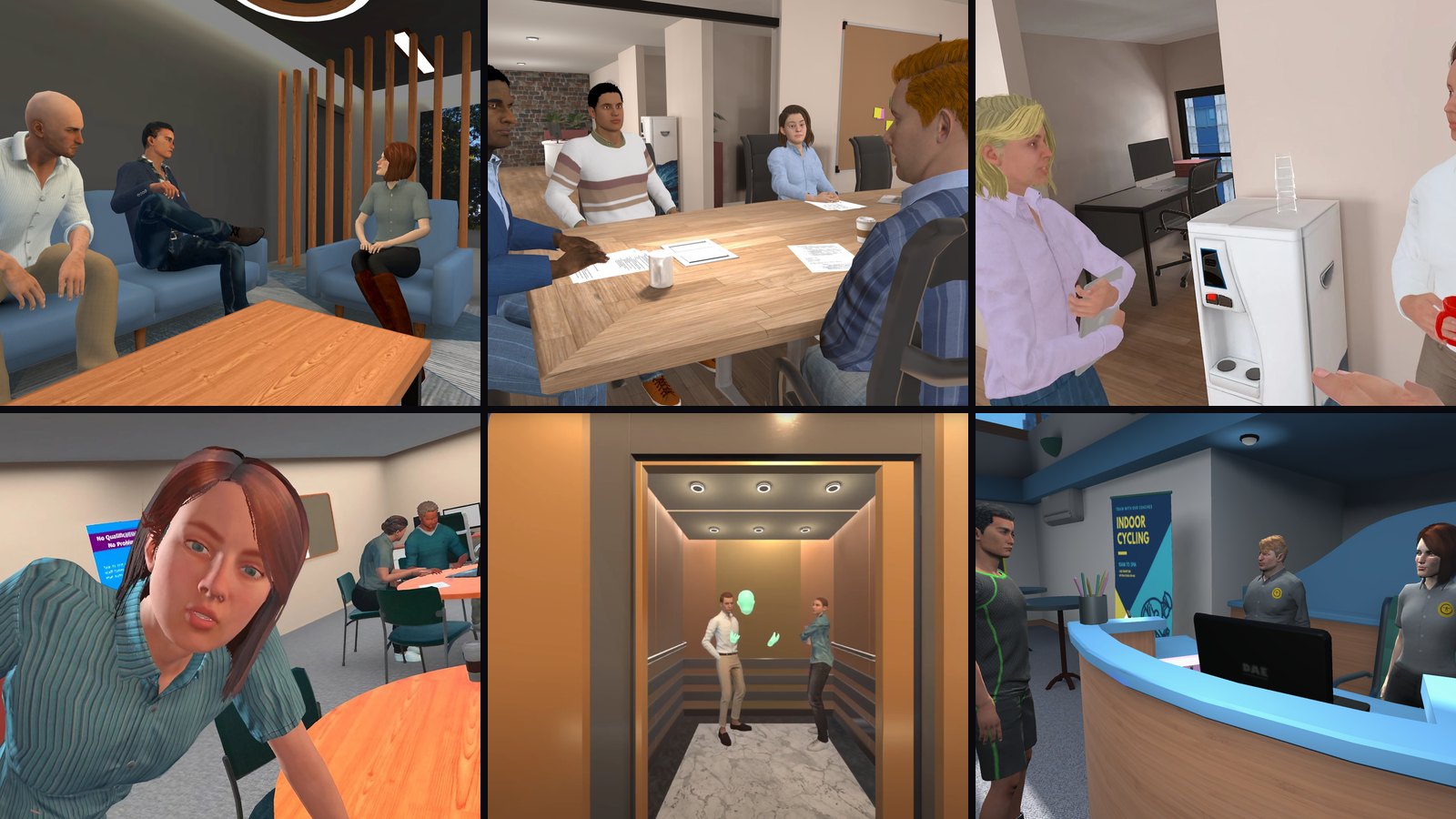 Six in-headset captures across the PTR VR Library: a coaching conversation on couches, a boardroom meeting, a break-room encounter by a water cooler, a close-up avatar reaction shot, two avatars in a lift, and a gym reception scene