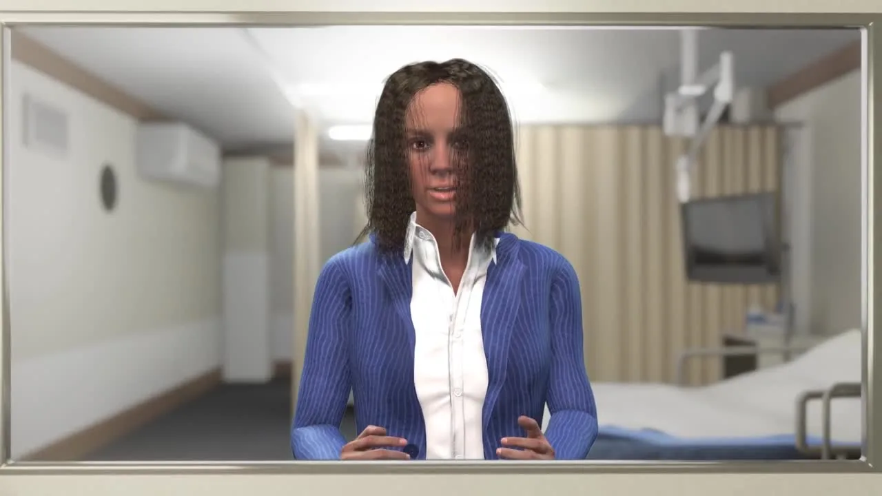 A digital twin avatar, a woman in a striped blazer, appears on a mirror-style display ready to hold a conversation, a hospital corridor and patient room behind her