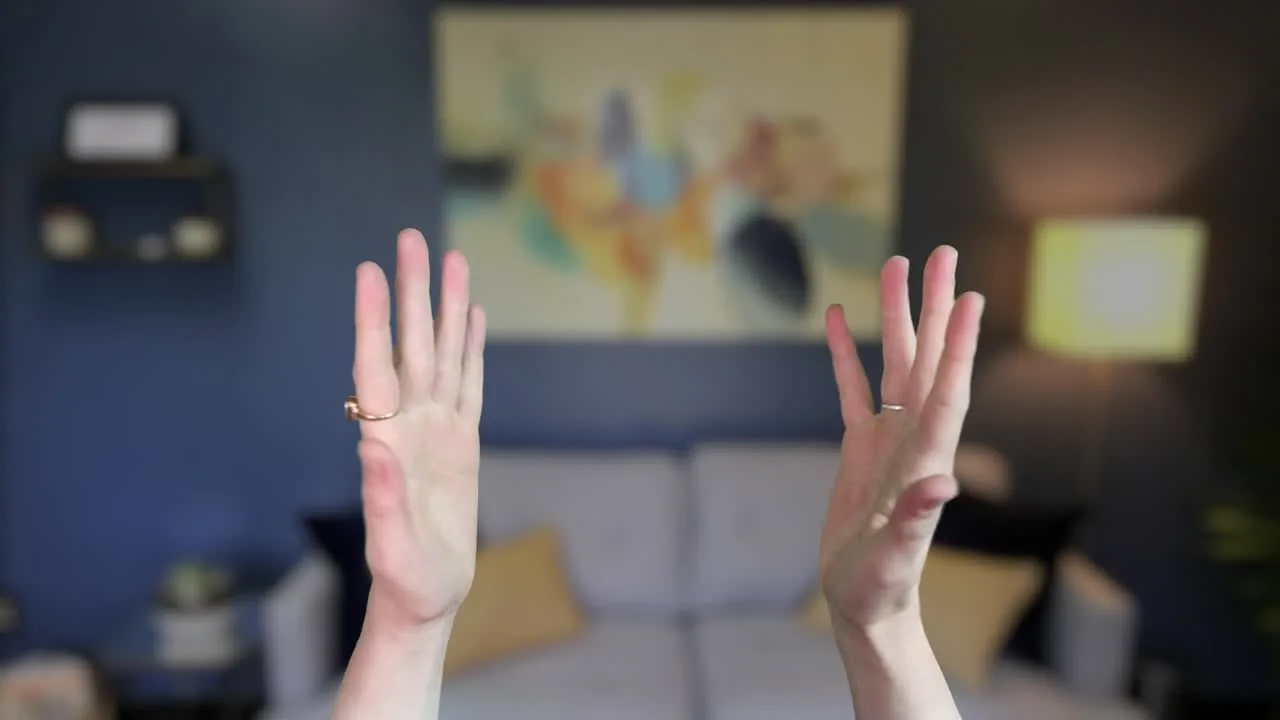 Two hands raised in front of the viewer inside a simulated room, a first-person view from a headset.