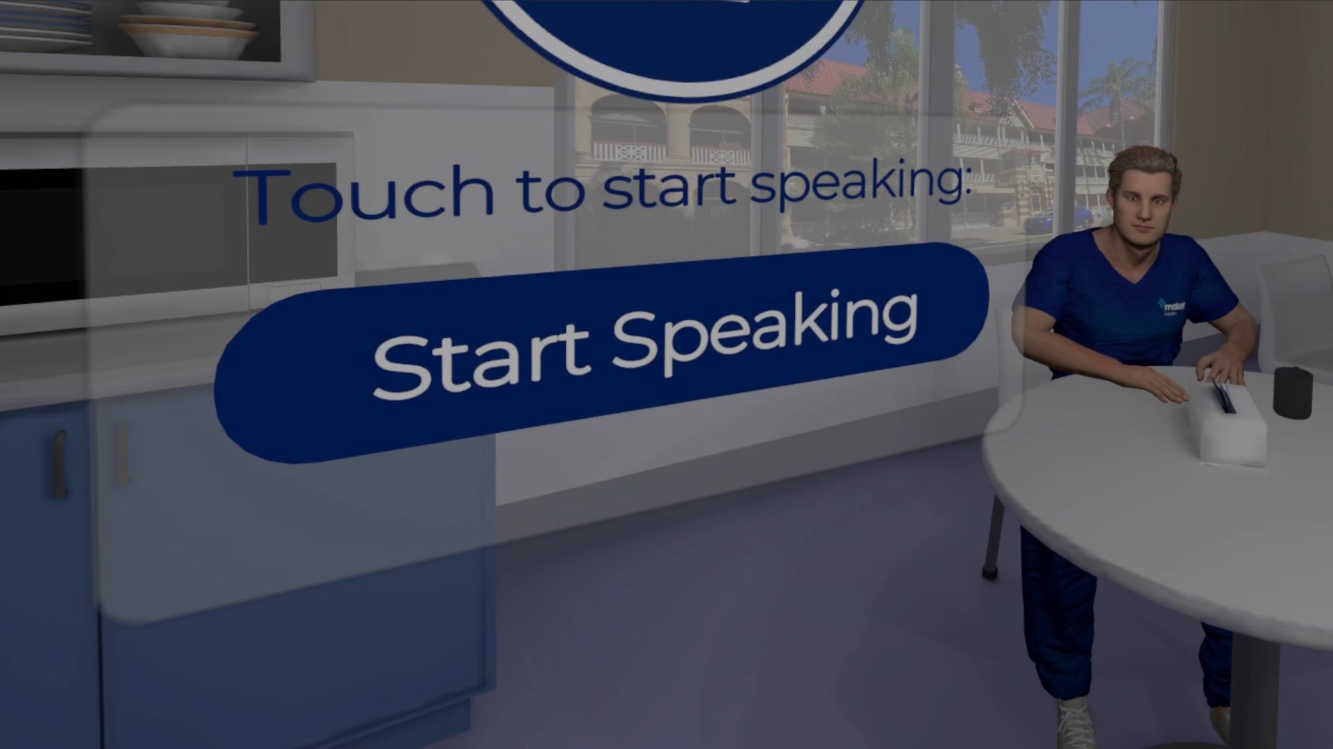 Screenshot from the Through the Looking Glass VR training, showing an animated Mater staff member at a table with a Start Speaking prompt