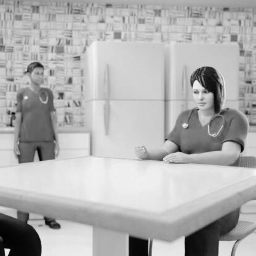 Black and white still of two animated nurse avatars from Mayo Clinic's VR DEI training module