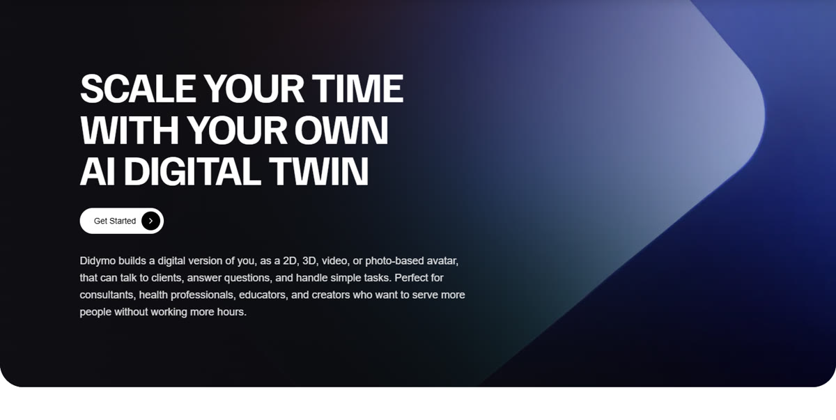 Screenshot of the Didymo product landing page, showing the headline Scale your time with your own AI digital twin