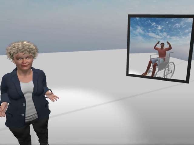 An avatar stands beside a framed scene of a man in a wheelchair outdoors, part of the Central Coast Council disability-awareness experience.