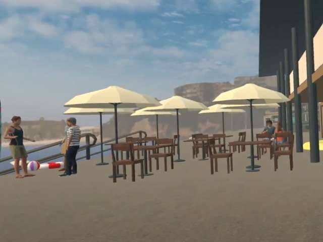 Build still of the Central Coast Council disability-awareness VR module: a beachfront cafe scene with umbrellas and figures.