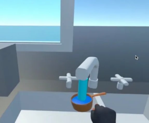 First-person VR view of a hand pouring water from a kettle into a saucepan at a kitchen sink, part of the Cook It food-education module.