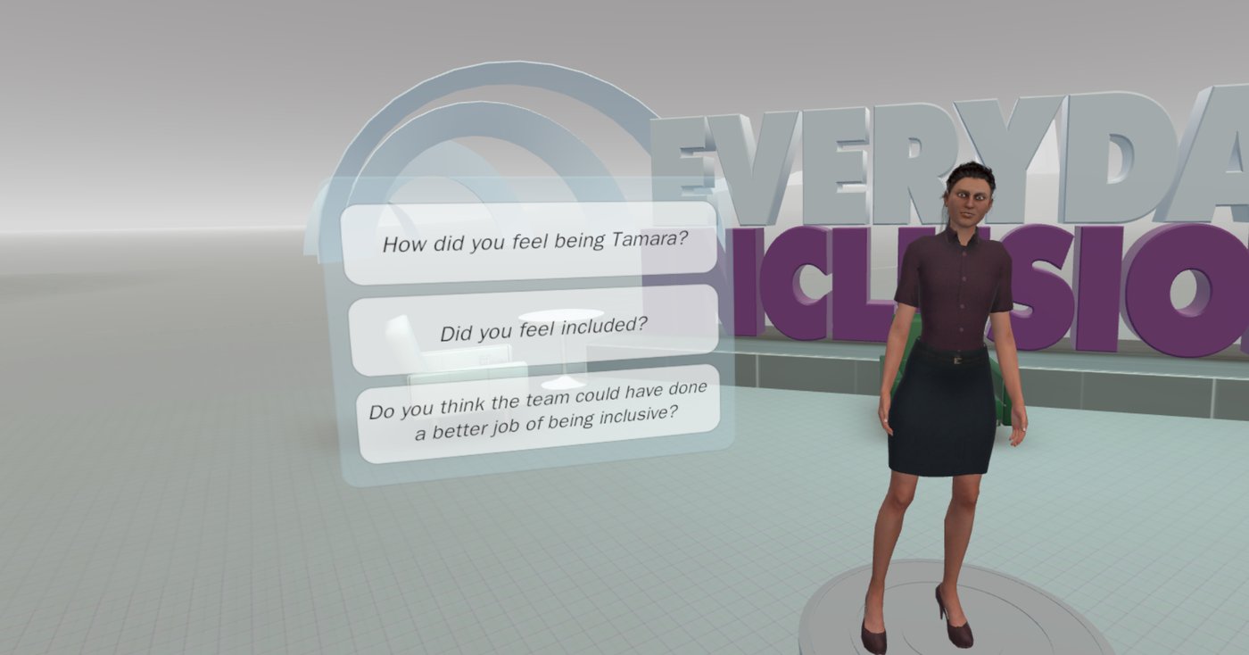 In-experience reflection prompts, including 'Did you feel included?', displayed beside the avatar Tamara and the Everyday Inclusion title.