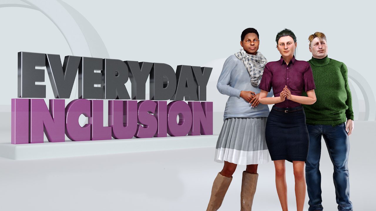 Three diverse avatars standing together inside the Everyday Inclusion VR experience