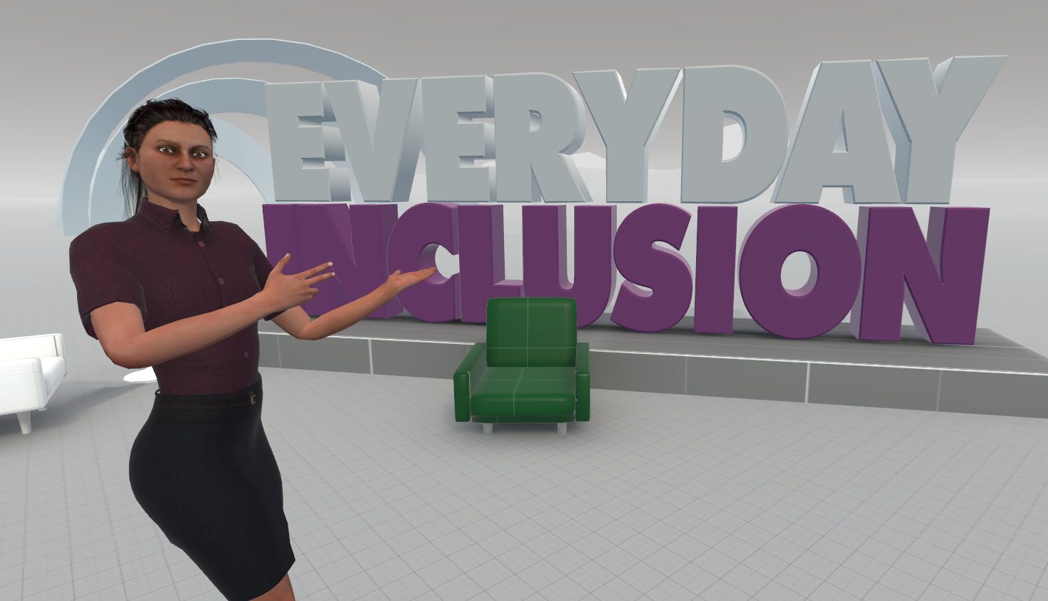 The Everyday Inclusion VR module's title screen, with an avatar gesturing toward the module name in a virtual room.