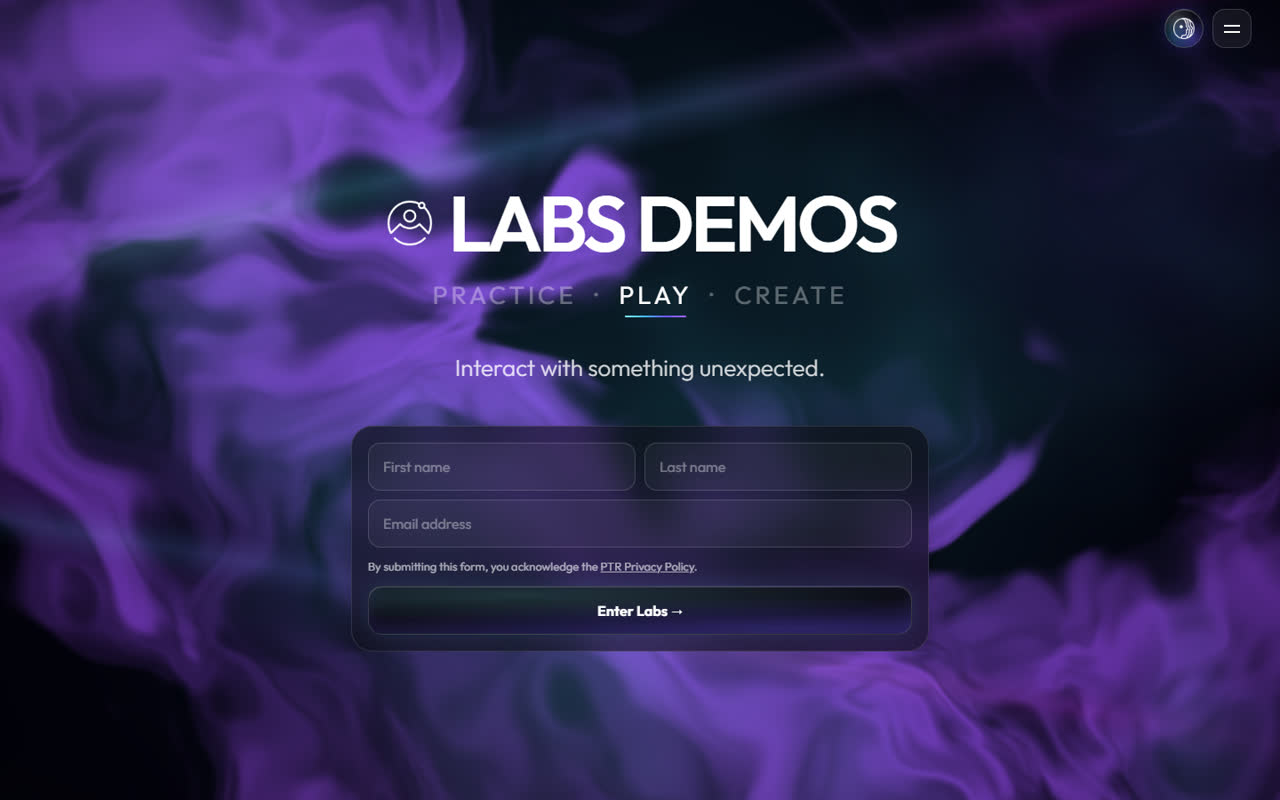 Browser screenshot of the live entry screen at labs.peopletechrevolution.com, PTR's own Labs Demos site