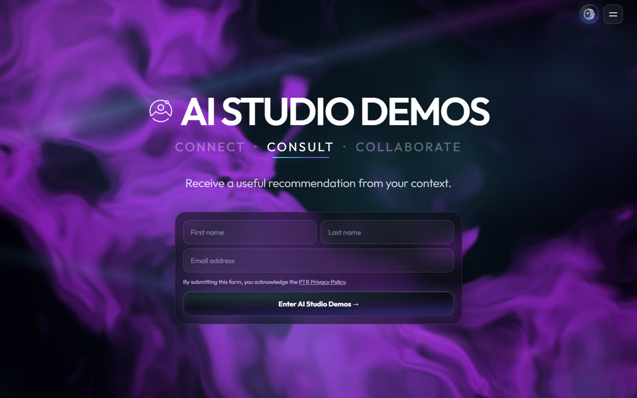 Browser screenshot of the live entry screen at studio.peopletechrevolution.com, PTR's AI Studio Demos site