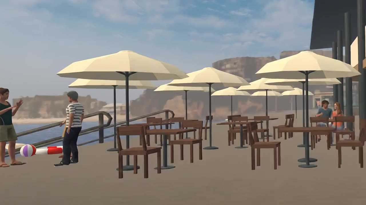 A gliding first-person view through the disability-awareness experience's beachside cafe and service centre