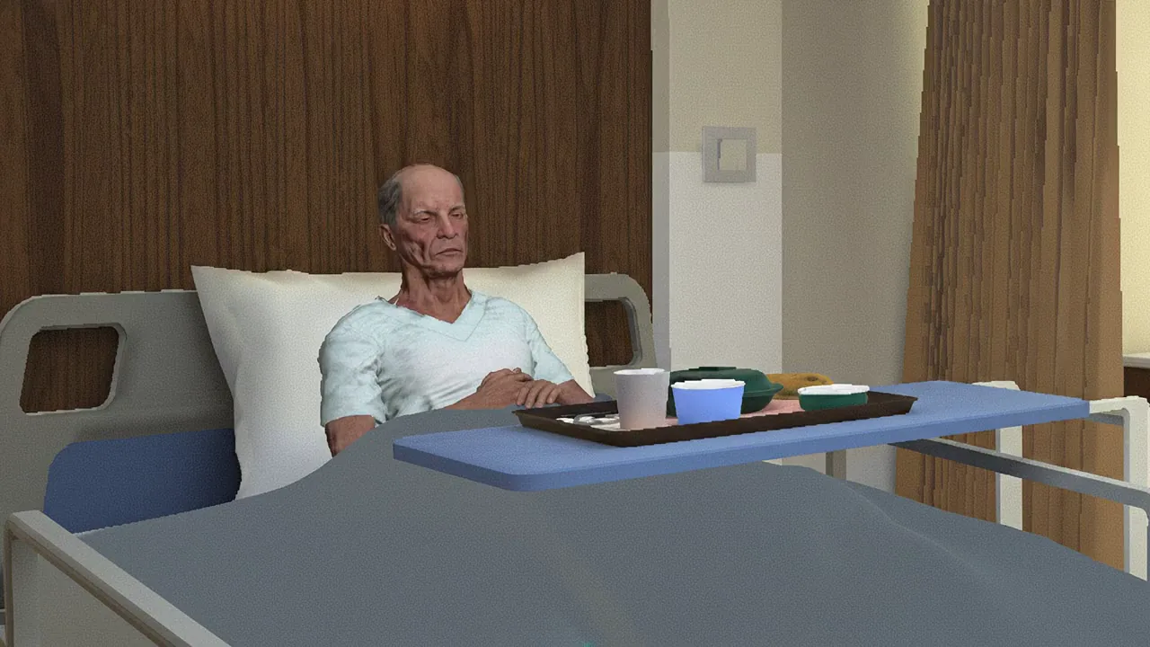 Inside the Mater build: an older patient sits up in a hospital bed, a meal tray across the blanket, curtains drawn beside him.