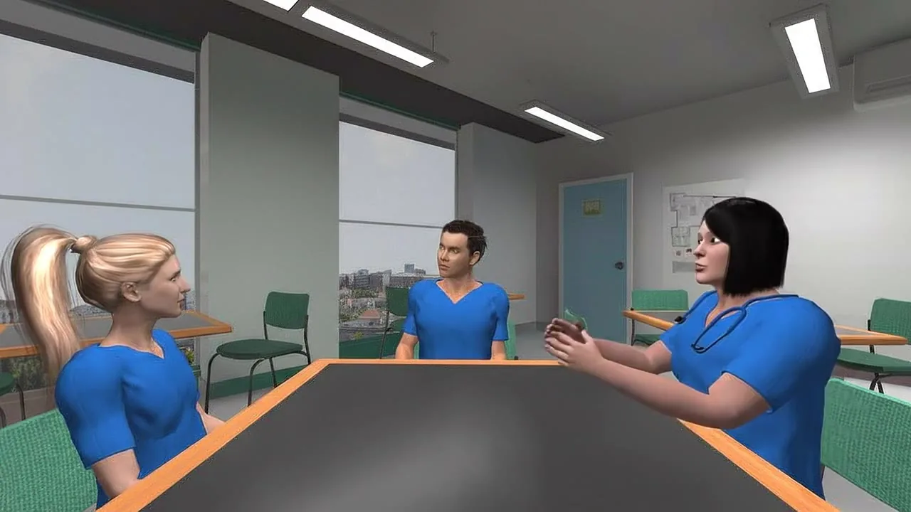 Three nurse avatars talk around a breakroom table, a scene from the Mayo Clinic VR training.
