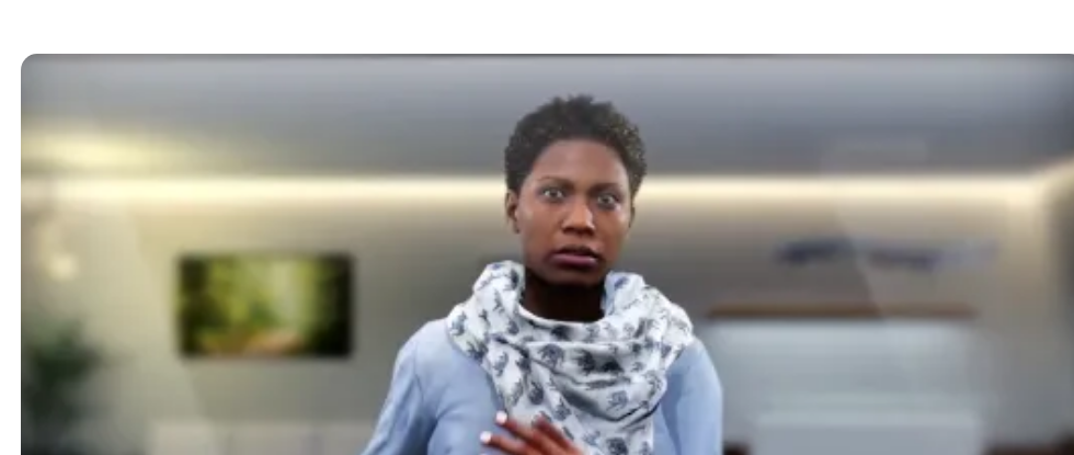 Animated 3D avatar of a woman mid-conversation, wearing a patterned scarf, in a VR training scenario set inside an office.