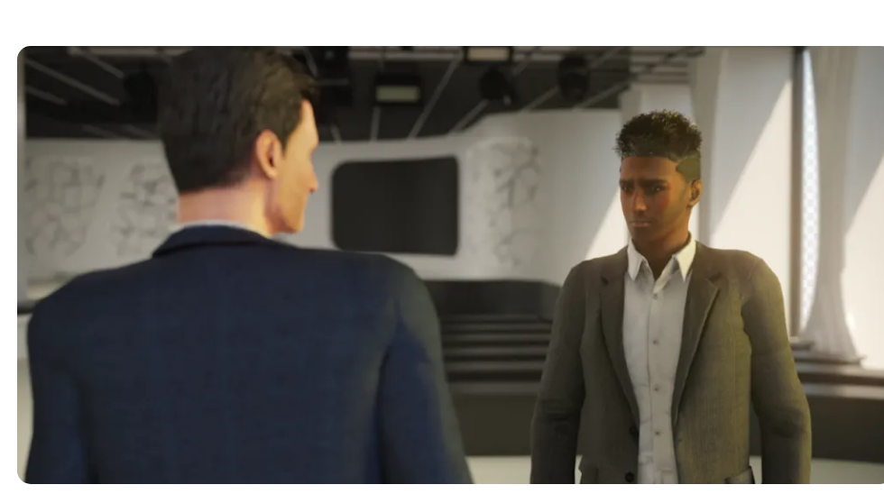 Two animated avatars in conversation inside the Equal Reality VR training scenario built for Google's DEI programme