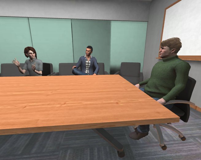 In-app screenshot from Everyday Inclusion: three animated avatars seated around a meeting-room table during a workplace scenario