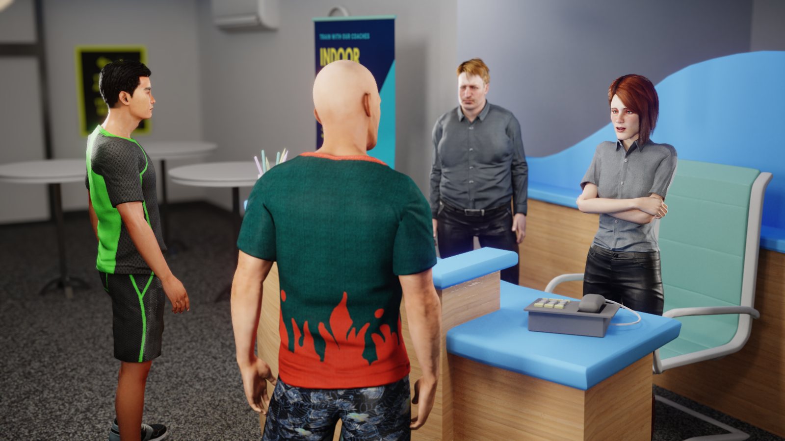 In-app scene from Finding Common Ground: four animated avatars in a gym reception, a staff member with arms crossed behind the counter as three customers stand nearby