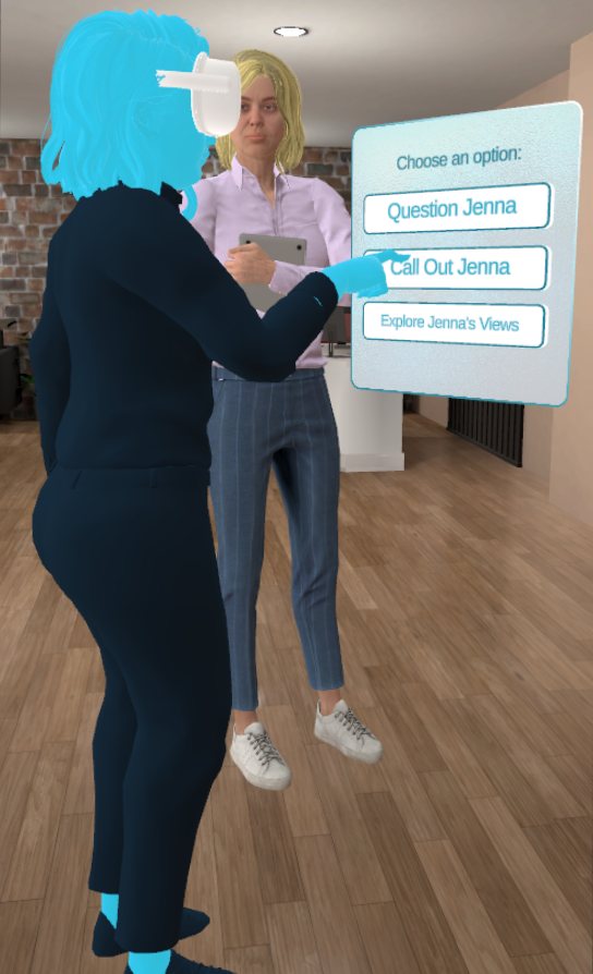In-app screenshot from Mind Shift VR: the participant, embodied as a highlighted avatar, chooses between responses to a colleague named Jenna from an in-scene options panel