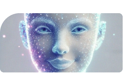 Abstract digital artwork of a human face rendered as a glowing particle network in blue and pink tones.