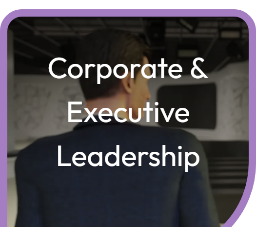 Rear view of an animated avatar in a suit jacket, facing a large dark screen in a studio-style room, with text overlay reading 'Corporate & Executive Leadership'.