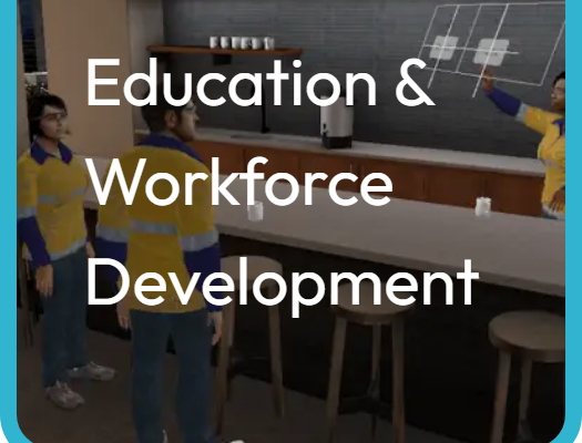 Three animated avatars in yellow and blue hi-vis workwear at a workshop bench, one gesturing toward a wall-mounted grid diagram, with text overlay reading 'Education & Workforce Development'.