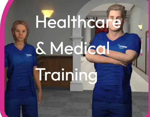 Two animated avatars in blue Mater-branded scrubs, standing in a hospital reception area, with text overlay reading 'Healthcare & Medical Training'.