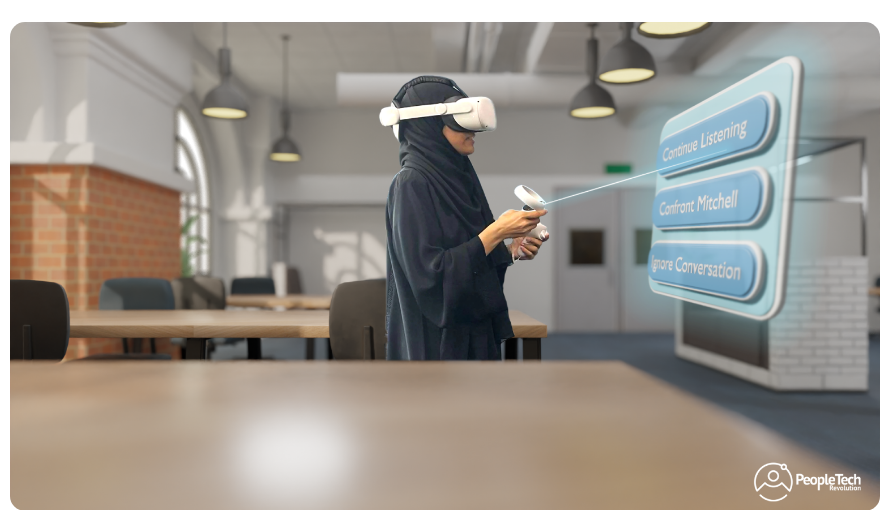 A woman wearing a hijab and a VR headset holds a controller pointed at a floating dialogue menu reading 'Continue Listening', 'Confront Mitchell' and 'Ignore Conversation', in an office setting, with the PTR logo in the corner.