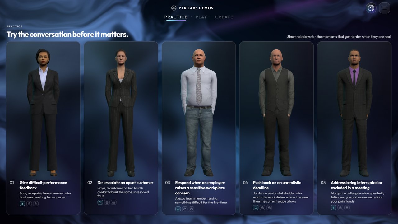 A capture of PTR Labs' live practice demo surface, headlined 'Try the conversation before it matters': five roleplay characters, each with a workplace scenario such as difficult feedback or an unrealistic deadline.
