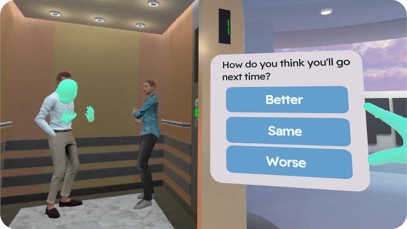 Inside Lift VR: the player's tracked hands beside a reflection panel asking How do you think you'll go next time, with Better, Same and Worse options