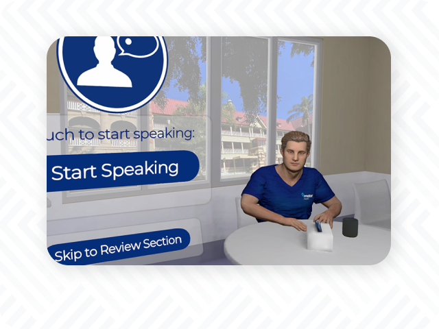 The VR build's Touch to start speaking interaction screen, used to begin a conversation scenario in PTR's Mater VR build