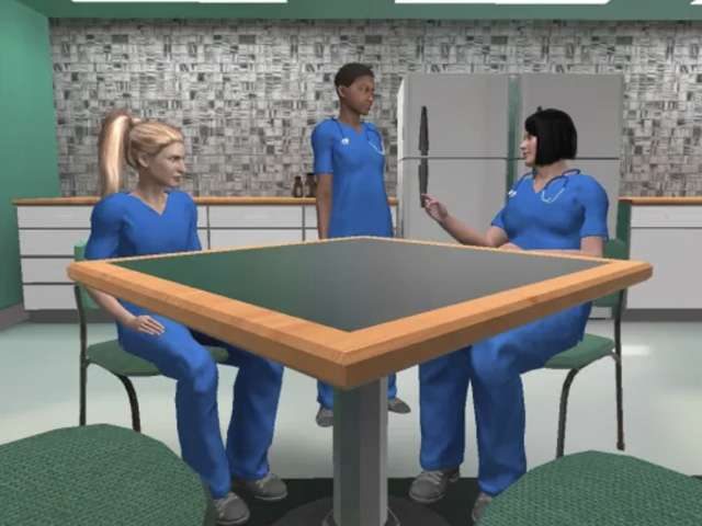 A staff breakroom scene from the VR module