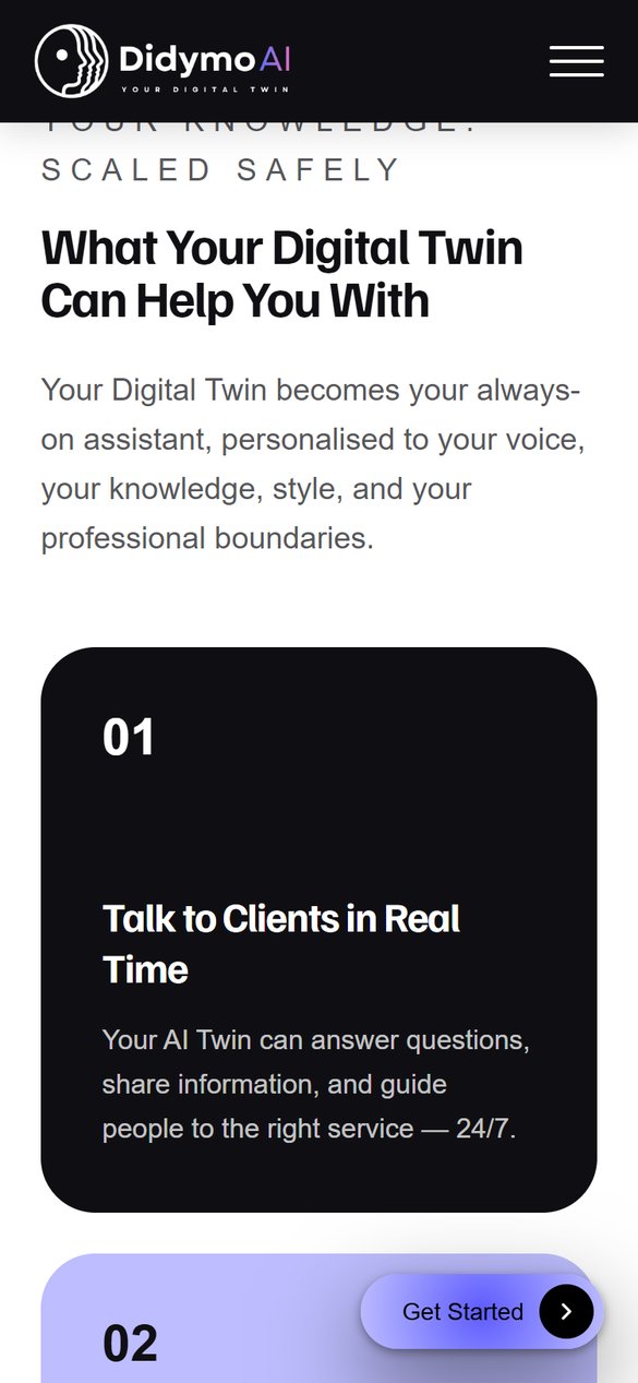 A second view of Didymo AI in a phone browser: the What Your Digital Twin Can Help You With feature cards at a 375px viewport
