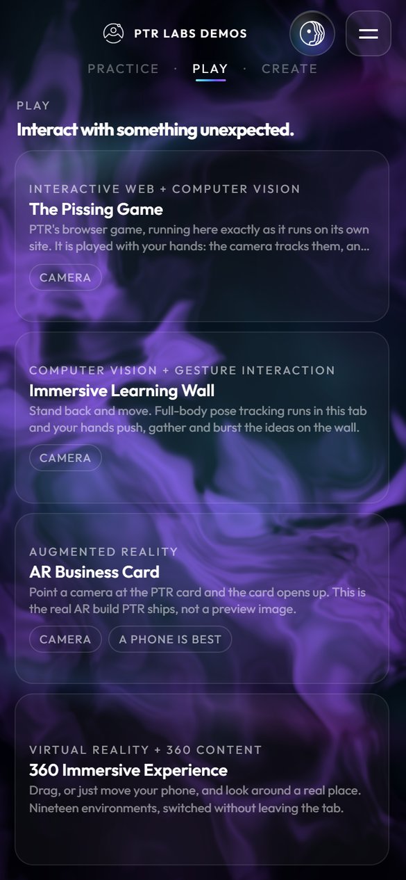 PTR Labs Demos running in a mobile web browser at a 390px phone viewport, showing the Play experiences