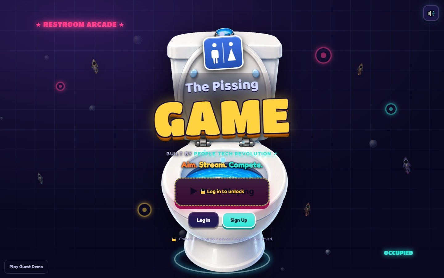 The Pissing Game title screen: Restroom Arcade, a toilet with a party-hat skull logo, built by People Tech Revolution