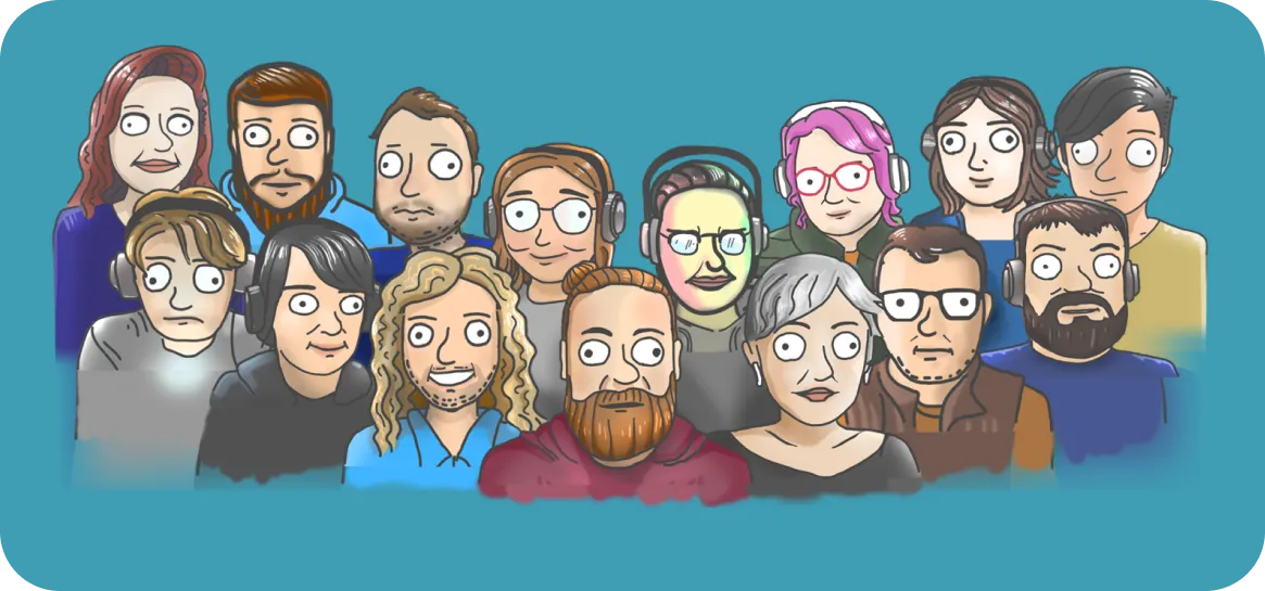 Hand-drawn illustration of the People Tech Revolution team, fourteen smiling crew members wearing headphones