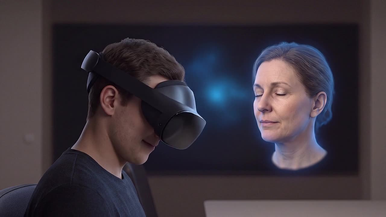 A student sits facing a floating head-and-shoulders presence of an academic digital twin, against a dark panel lit with soft blue, practising before the real conversation.