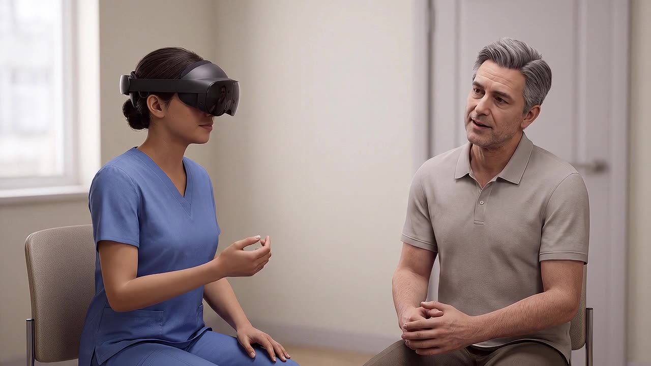 A nursing student wearing a headset sits facing a simulated patient, one hand open in a careful gesture, practising how to deliver difficult news.