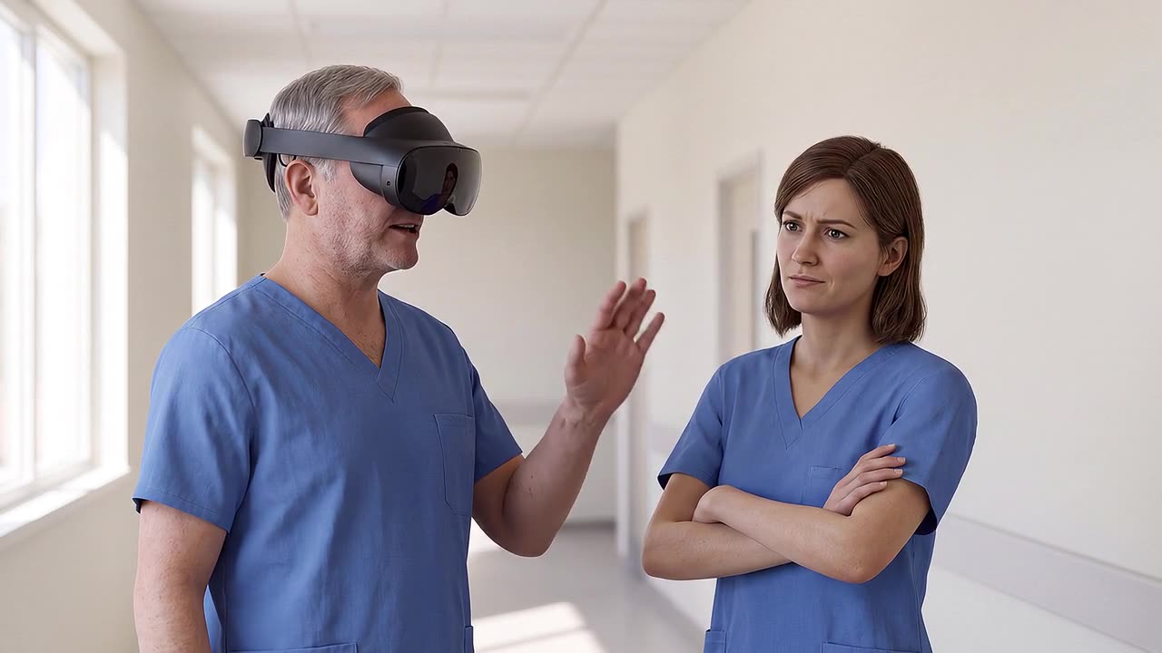 Two clinical staff face each other in a corridor, one wearing a headset.