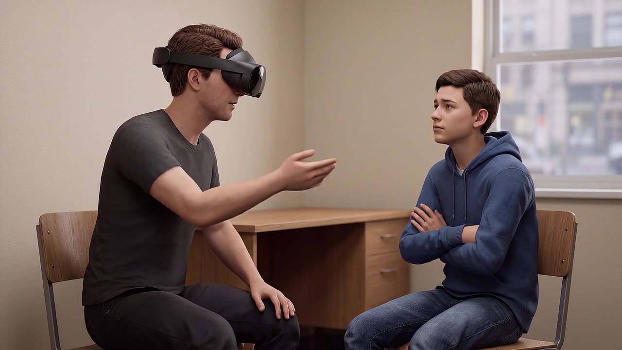 A teacher-education student wearing a headset leans toward a simulated teenage student who sits with arms folded, practising a classroom conversation.