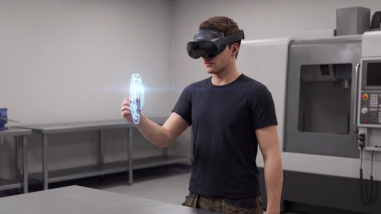 An engineering student wearing a headset examines a glowing holographic part in a workshop, a machine tool behind him.
