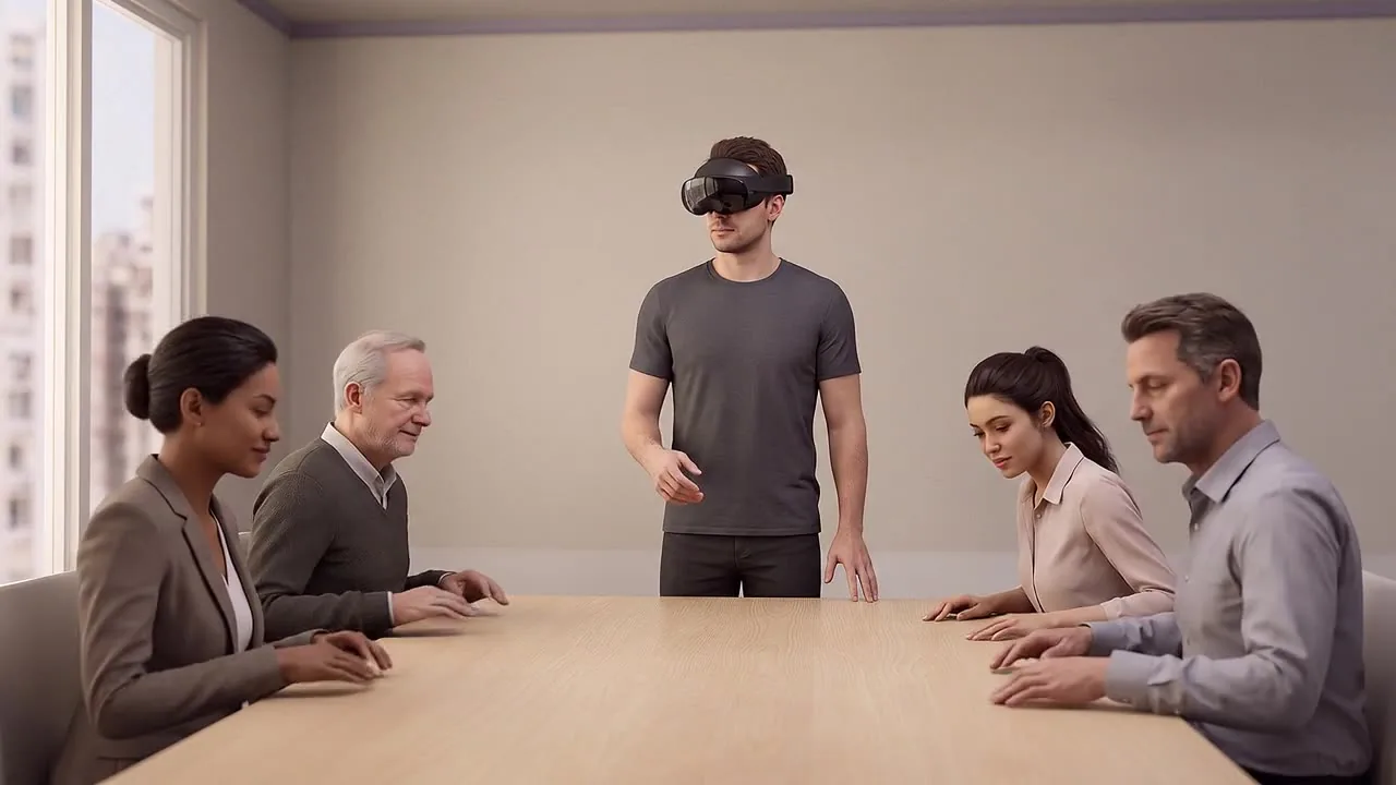 A participant wearing a headset stands at the end of a boardroom table, addressing four seated simulated colleagues of different ages, practising inclusive leadership.