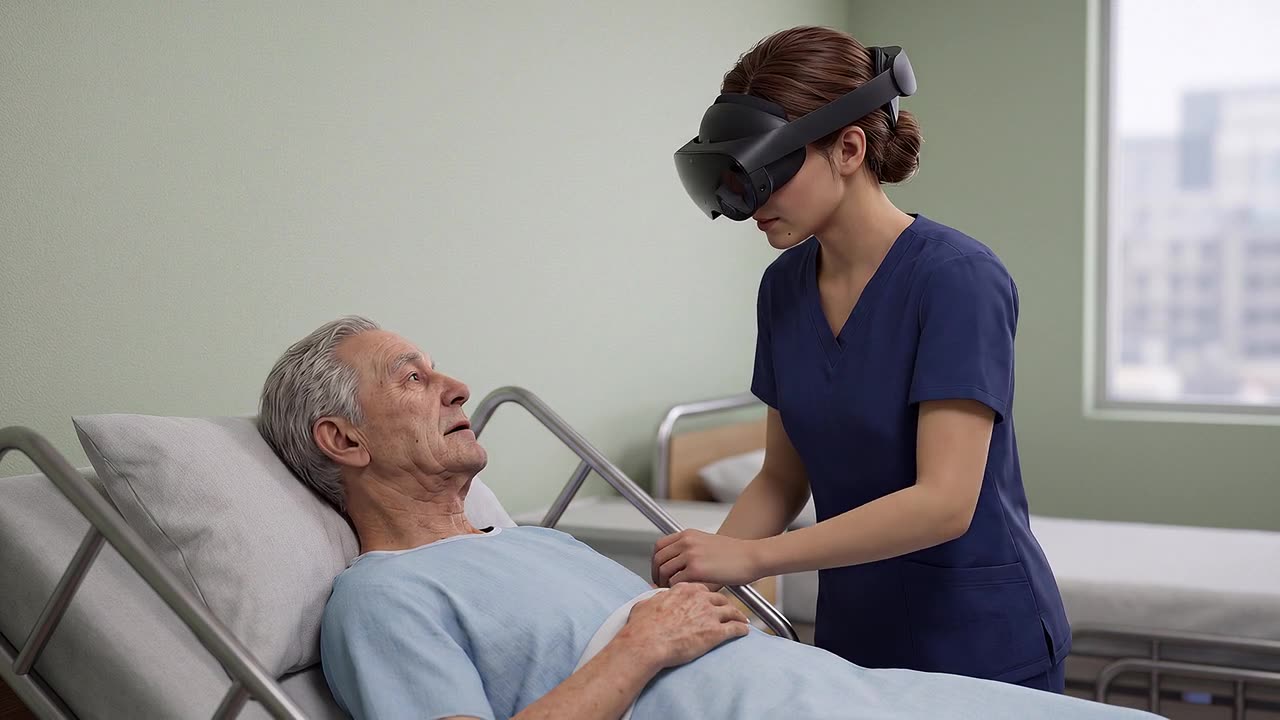 A student wearing a headset reaches carefully toward the arm of a simulated elderly patient in a ward bay.