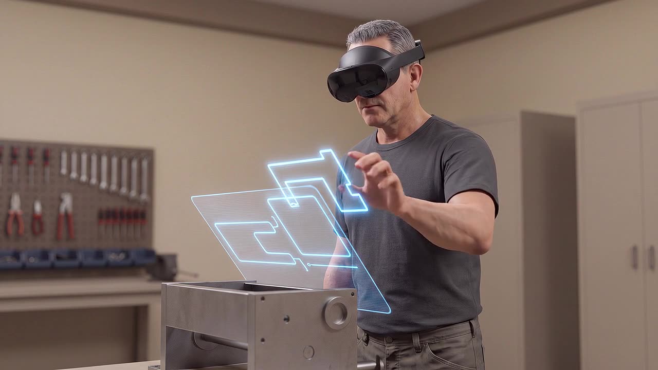 Digital content layered over a real room through augmented reality, the room still visible around it.