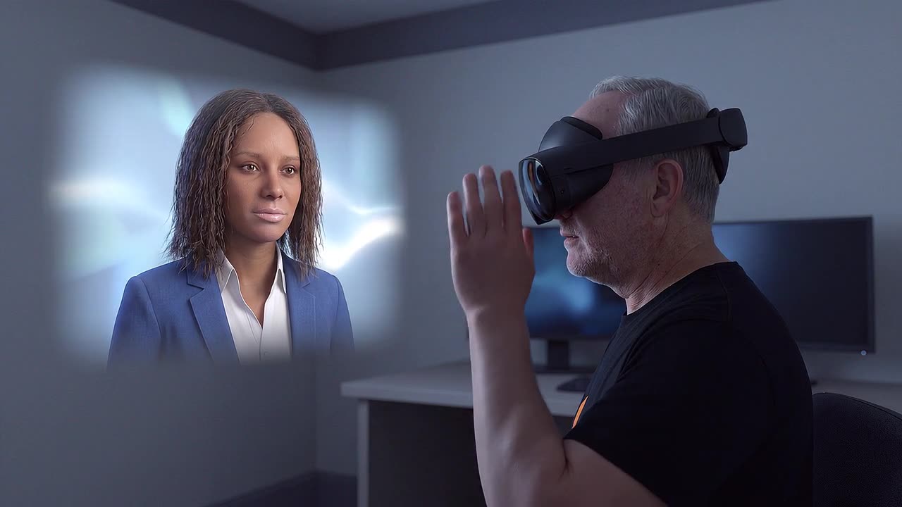 An adult sits facing a floating head-and-shoulders presence of a subject-matter expert digital twin, backed by soft abstract light, practising a conversation.