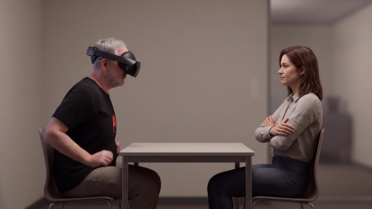 A manager wearing a headset sits facing a simulated team member across a small table, rehearsing a performance feedback conversation.